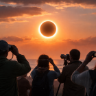 Recreación visual del eclipse solar anular, con observadores de espaldas siguiendo el “anillo de fuego” al atardecer.