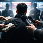 Recreación: periodista ante micrófonos mientras manos anónimas le ofrecen dinero en una sala de redacción.