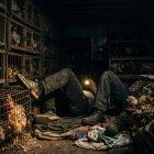 Trabajadores mientras descansan en un camión con aves, ya que no pudieron regresar a su hogar por el toque de queda.