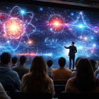 Recreación con IA de una charla sobre física cuántica en un entorno educativo, en el marco del Día Mundial de la Cuántica.