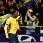 John Yeboah, celebra el primer gol del combinado ecuatoriano durante el partido amistoso ante Marruecos, en el estadio Metropolitano, en Madrid.