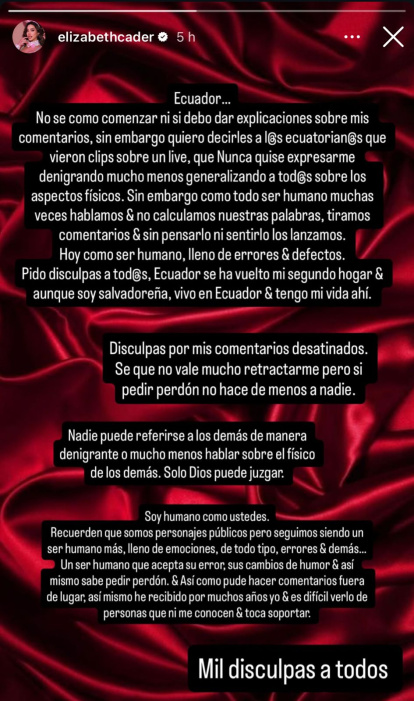 Elizabeth Cader ofreció disculpas a los ecuatorianos.