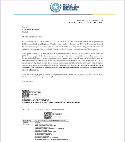 Emelec también recibió la carta de la deuda que tiene con el Municipio de Guayaquil.