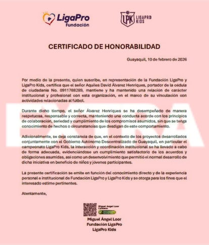 EXTRA accedió al certificado de honorabilidad presentado a favor de Aquiles Álvarez.