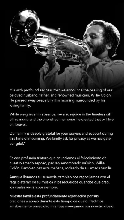 Comunicado de la muerte de Willie Colon