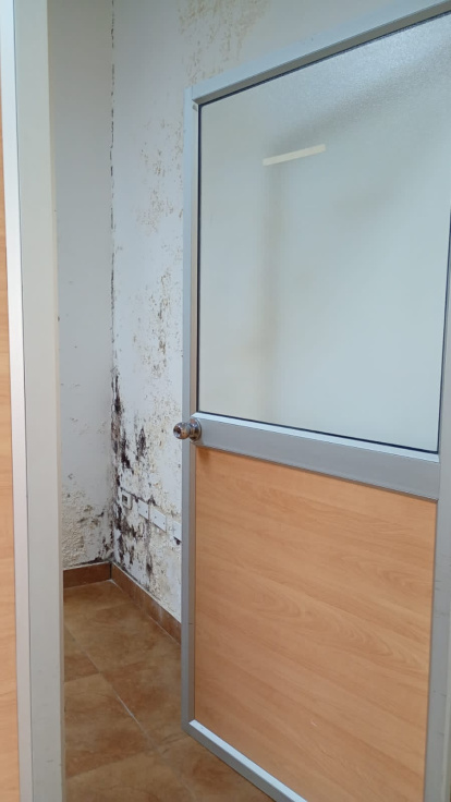 Hongos y humedad avanzan en paredes del hospital.